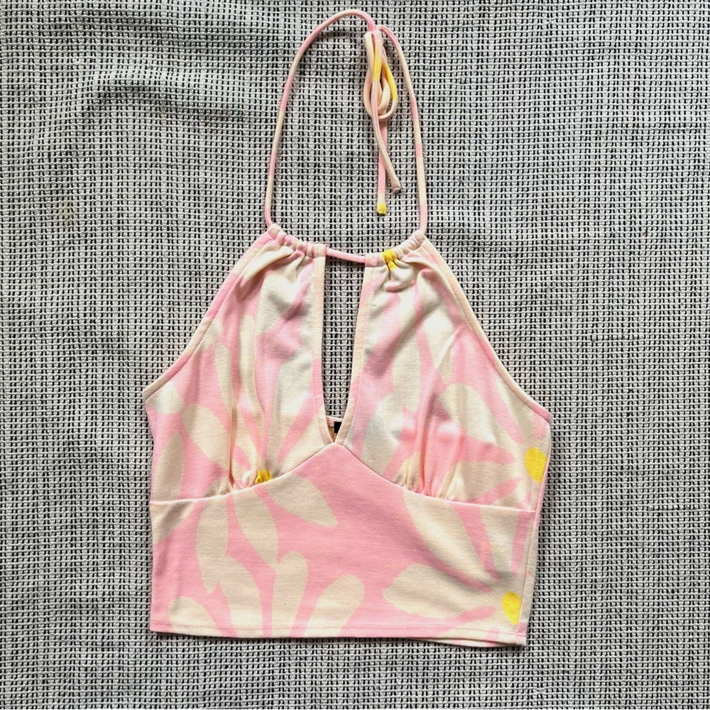 FOREVER 21 Pink and Yellow Cropped Halter Top Medium